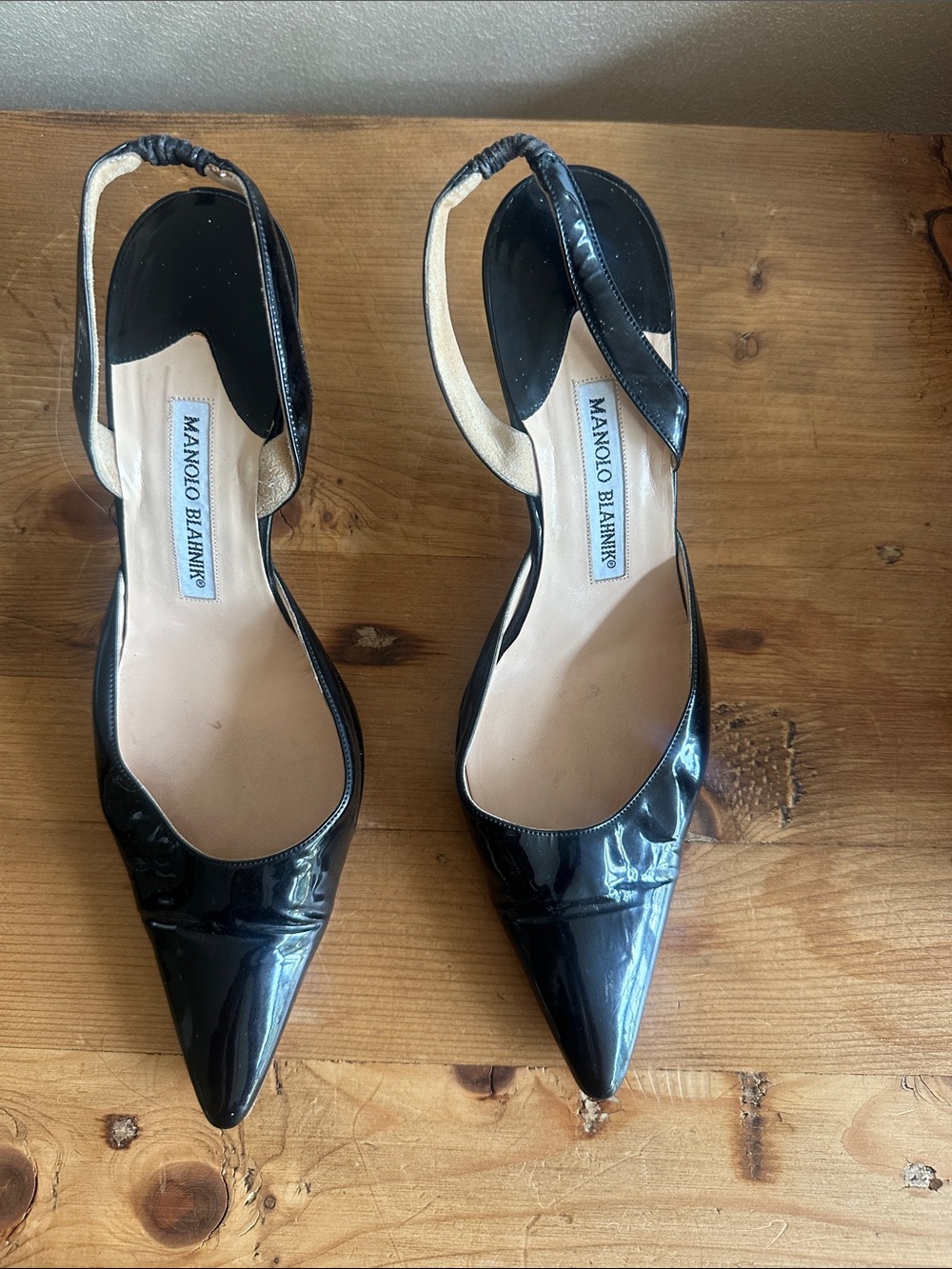 Manolo Blahnik Black Patent Leather Pointed Slingback Pumps
